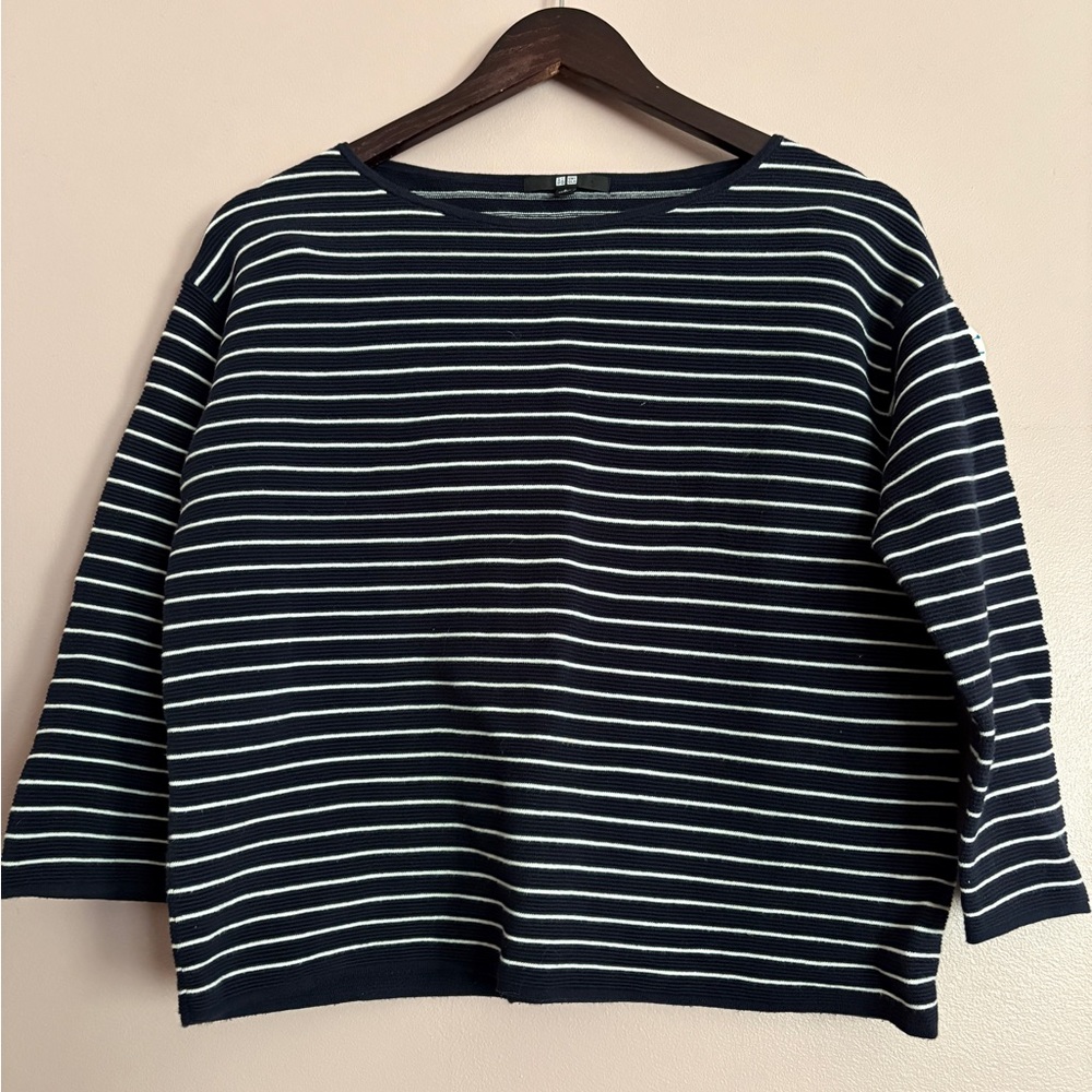 Uniqlo Blue and White Crew Neck Sweater Nautical Stripes